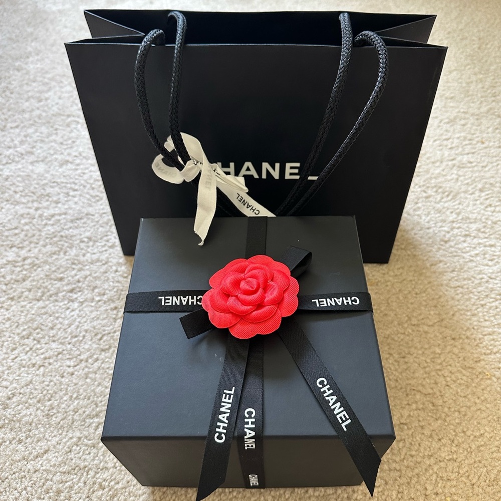 Chanel Black Box with Vibrant Red Flower for belts, watches or small bag.